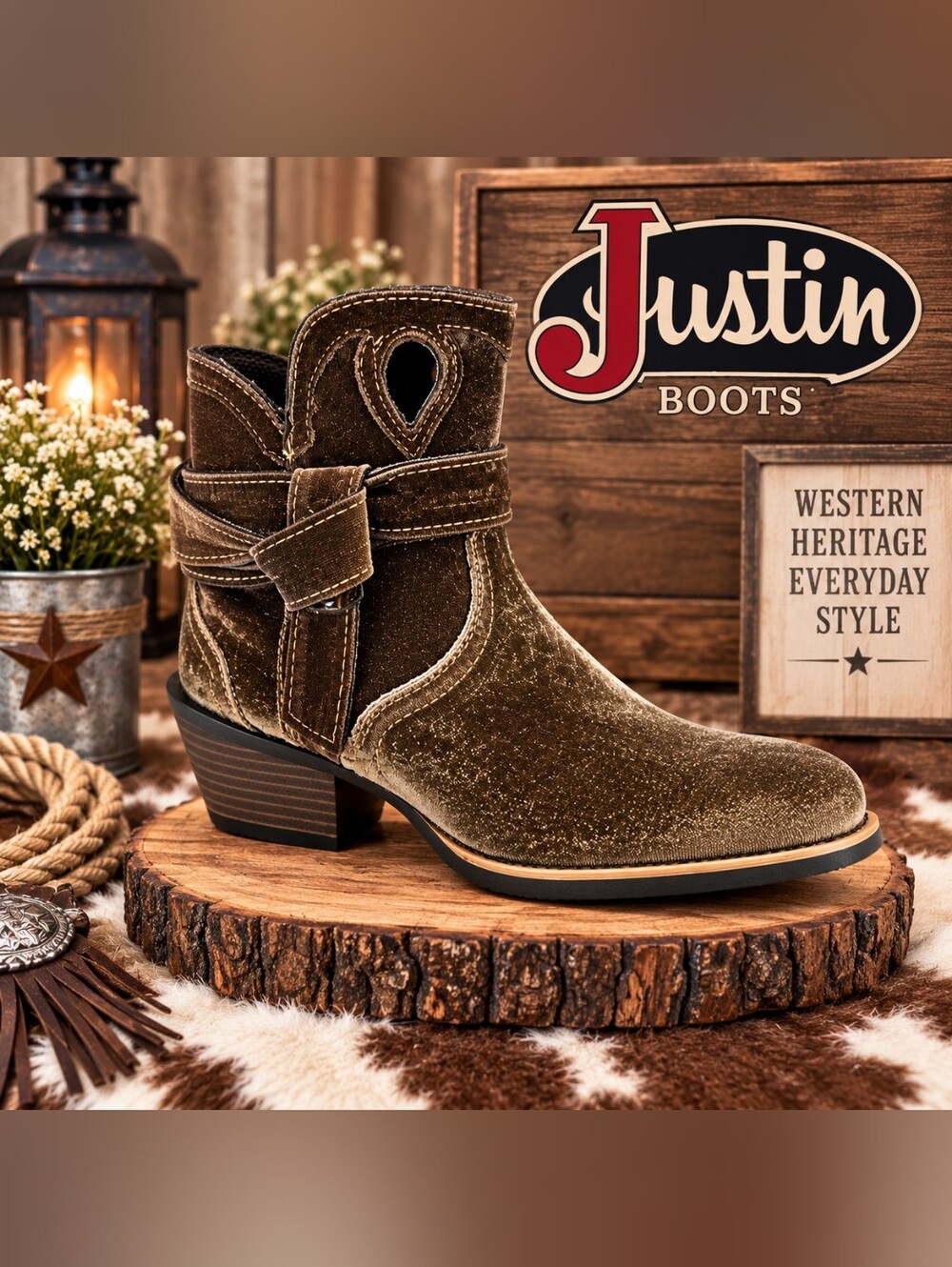 Justin Elana Brown Velvet Western Ankle Boots – Women’s 6.5 B – New in Box